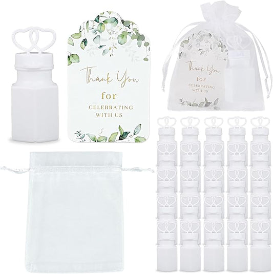 WAYASDCU 100 Sets Wedding Party Favors White Mini Bubble Bottles Greeting Card Goodie Bag Wedding Bubbles for Guests, Anniversary, Engagement, Celebration