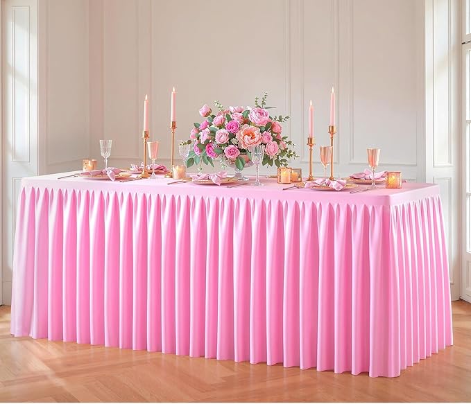 Pink Polyester Table Cloths for Rectangle 8 Foot Tables, 1 Pack Wrinkle Free Tablecloths Stretchy Banquet Ruffle Fitted Table Cover Desk Skirt for Parties Wedding Birthday Baby Shower