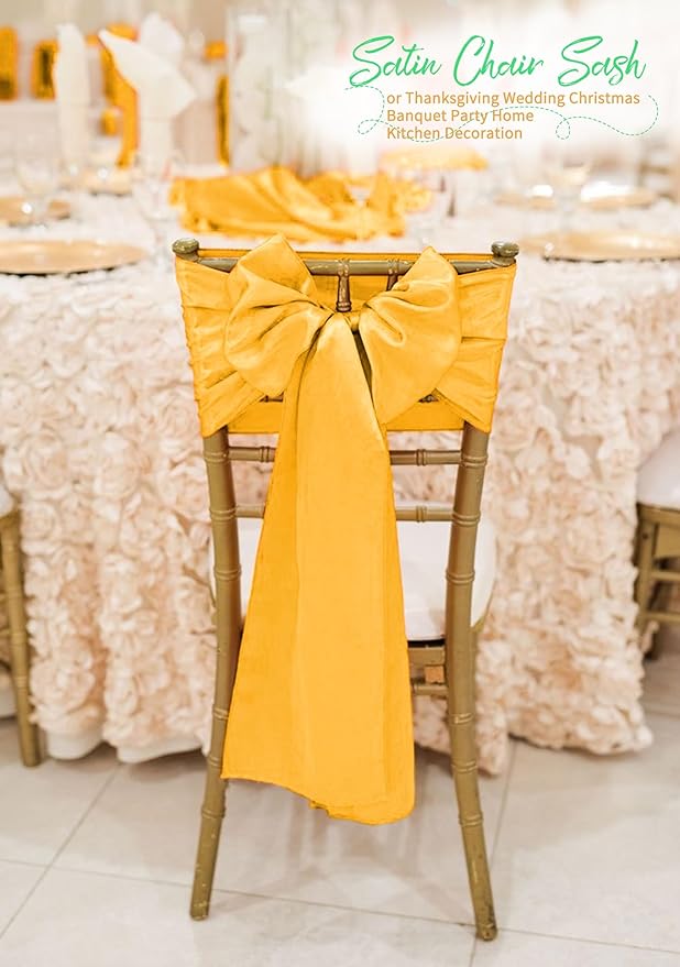 60 PCS Gold Satin Chair Sashes, Ties Bows Designed Chairs Decorative, Chair Cover Sashes for Thanksgiving Wedding Christmas Banquet Party Home Kitchen Decoration (7 x 108 inch)