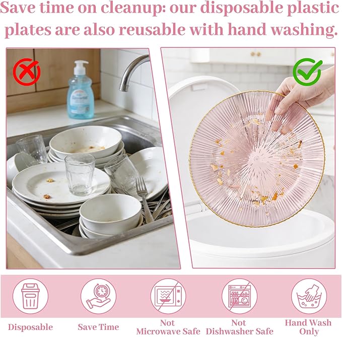 DaYammi 60Pcs Pink Plastic Plates with Gold Rimmed - Pink Disposable Plates Set Including 30pcs Dinner Plates,30pcs Dessert Plates with Radial Texture for Party & Wedding Bridal Shower