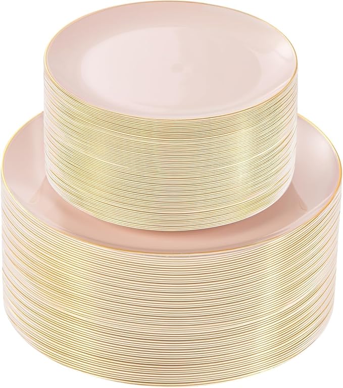bUCLA 100PCS Pink Plastic Plates - Pink Disposable with Gold Rim - Include 50 Each (10 inch Dinner & 7 inch Dessert) Plates, Ideal for Party, Wedding & Birthday