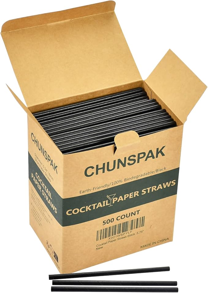 Black Paper Straws 5.75 inch - 500 Bulk Biodegradable Paper Drinking Straws and Stir Sticks for Coffee and Cocktails