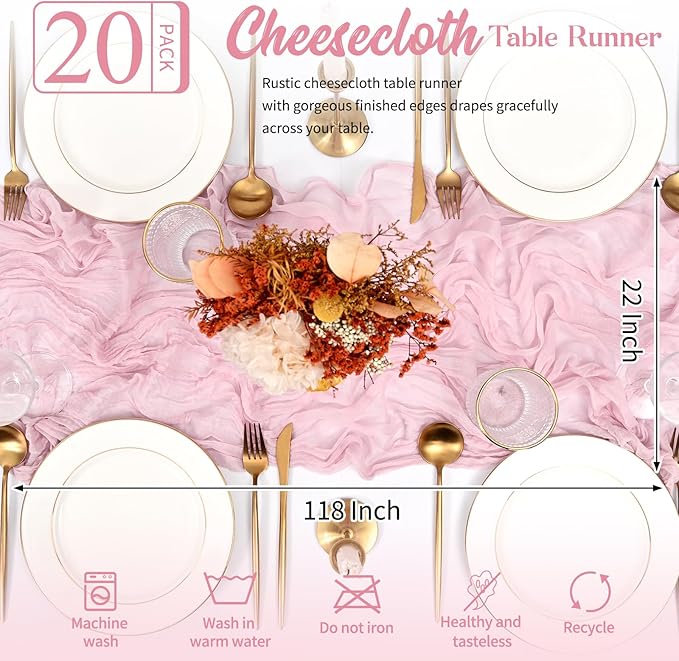 20 Pack Pink Table Runner 10FT Long Cheesecloth Table Runner Cheese Cloth Gauze for Wedding Party Birthday Decoration-Pink