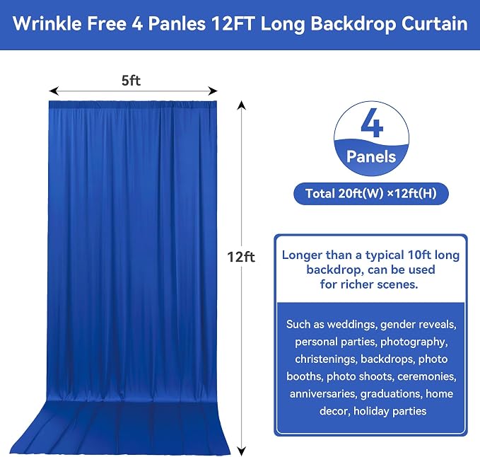 20ftx12ft Wrinkle Free Royal Blue Backdrop Curtain, 4 Panels 12FT Height Royal Blue Wedding Backdrop Drapes, Silky Polyester Back Drop Cloth for Birthday Photography Background Party