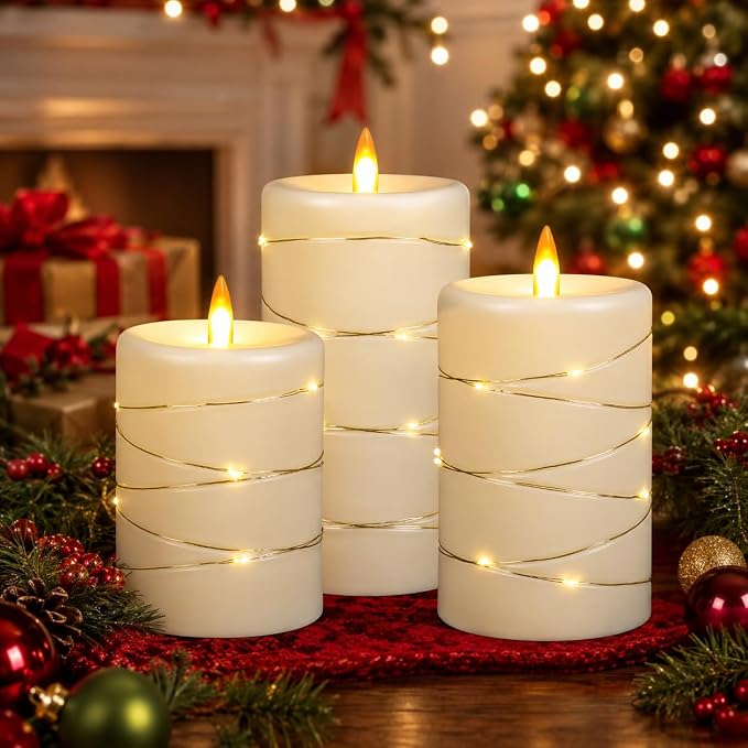 Da by 3 Pack Ivory Flameless Taper Candles, Realistic Flickering LED Candles with Surrounding Fairy String Lights, Heat Resistant ABS Battery Candles with Remote for Indoor Outdoor Decor