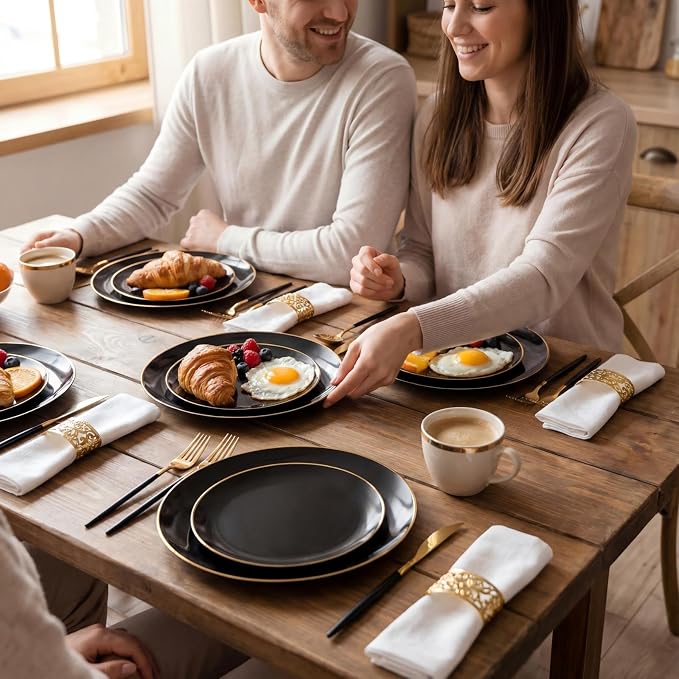 150pcs Black Plastic Plates, Black and Gold Plates,Gold Plastic Silverware,Black and Gold Dinnerware Set,Premiun Taleware,Perfect for Birthday,Party,Wedding,Anniversary