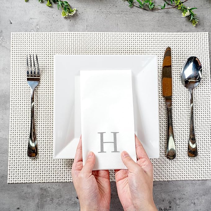 Luxenap 15.8 X 7.9 Inch Linen-Feel Guest Towels, 2000 Lettered Hand Towels - Silver Letter 'H', Sans Serif Font, White Paper Dinner Napkins, airlaid, For Restrooms And Tables - Restaurantware