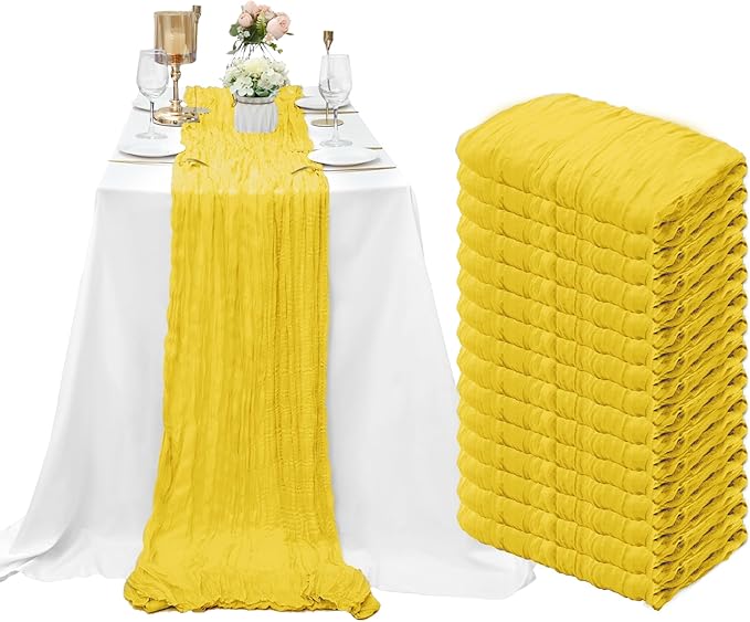 15 Pack Cheesecloth Table Runner 10Ft Gauze Cheese Cloth Table Runner 35 x120 Inch Boho Table Runners for Wedding Banquet Event Birthday Party Bridal Baby Shower Anniversary Summer Table Décor(Yellow)