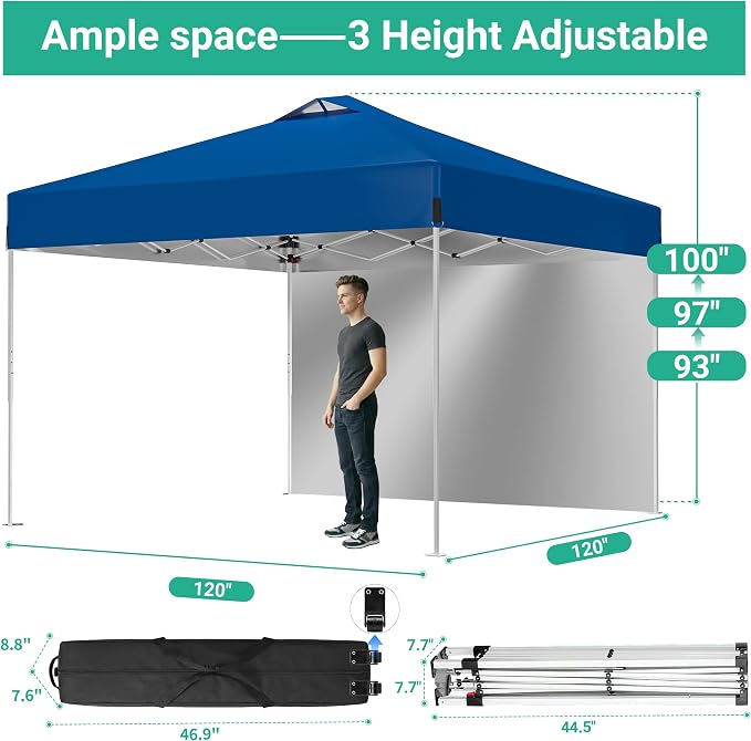 10X10FT Blue Pop Up Canopy Tent with 1 Sidewalls & Roller Carrybag for Sun Shade and Waterproof, Outdoor Adjustable Height Instant Shelter Gazebo with Sandbags for Camping, Patio, Backyard, Events