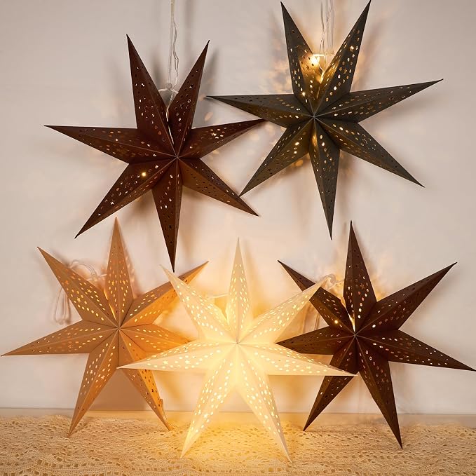 Paper Lantern Christmas 5Pcs Hanging Stars 7 Pointed 12 Inch White Gray Brown Hanging Stars Lanterns Christma Lamp Decorations Wedding Birthday Christmas Home Party