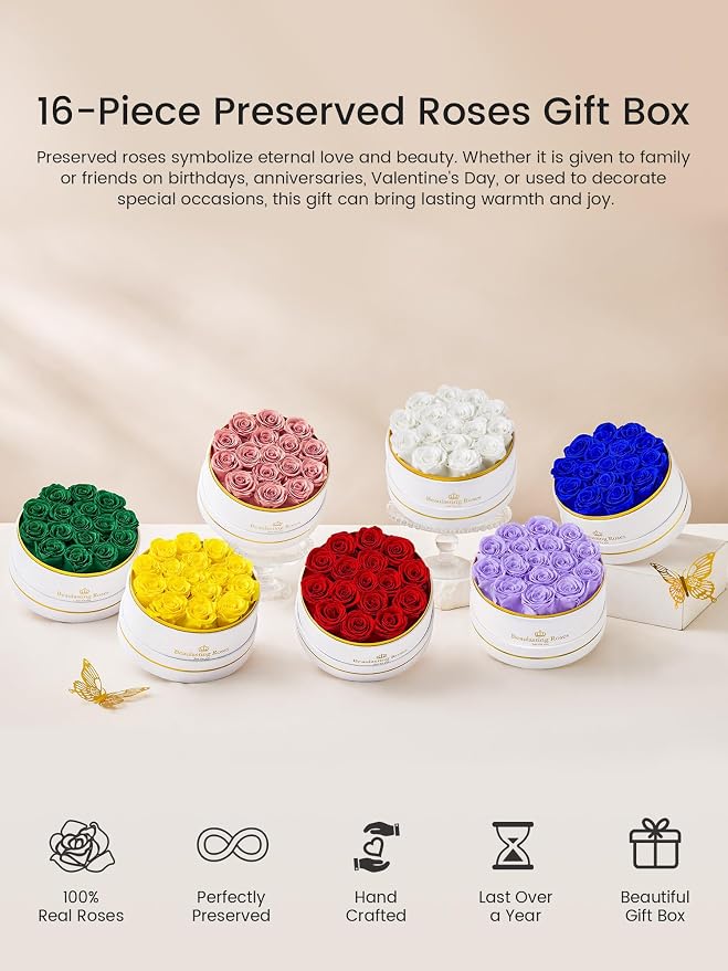 16 Preserved Roses Forever Flowers Real Roses in a Box Mother's Day Birthday Flowers for Her Mom Women Wife Valentine's Day, White Roses
