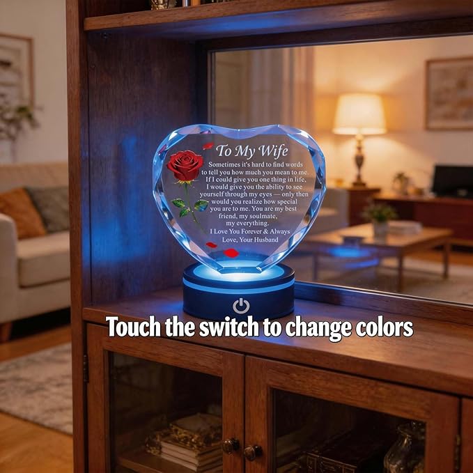 Anniversary and Birthday Gifts for Women Wife, Heart Shaped Crystal Keepsake with Rose and Love Letter Engraving, Color Changing LED Base,Romantic Christmas Valentine's Day Gifts for Wife from Husband (Red Rose - Multicolor LED)