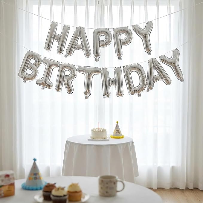 Silver Happy Birthday Banner Foil Letter Balloon, 14 Inch 3D Inflatable Party Decor Reusable Mylar Foil Letters, Birthday Decorations for Women Men Kids (Birthday Banner 3)