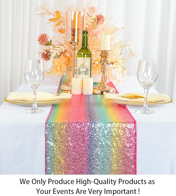 ShinyBeauty Rainbow Table Runners - Pack of 10, 12x108-Inches, Sequin Glitter Fabric Covers for Rectangle & Round Tables, Christmas & Birthday Decor