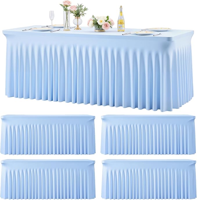 4 Pack Baby Blue Spandex Tablecloths for Rectangle Tables 6 Foot Blue Stretch Table Cloth Rectangle 6ft Elastic Fitted Table Cover with Skirt for Wedding Baby Shower Boy Birthday Party Banquet Buffet