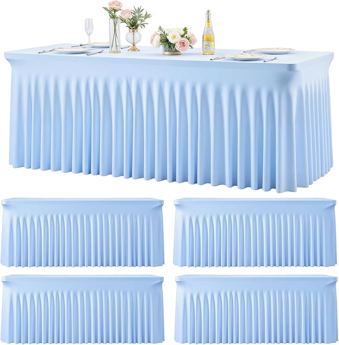 4 Pack 8ft Baby Blue Spandex Table Cloths for Rectangle Tables Wrinkle Free Rectangle Tablecloths, Stretch Fitted Table Cover with Skirt for Baby Shower Boy Birthday Party Wedding Banquet Buffet