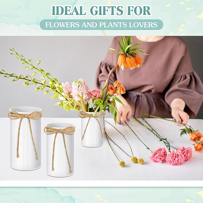 Zonon 3 Pcs Farmhouse Vase Decor with Twine Bow 4.33" Galvanized Flower Bucket 5.91" Metal Pots 7.09" Rustic Decorated Vases for Artificial Flowers Home Table Weddings Decor (White)