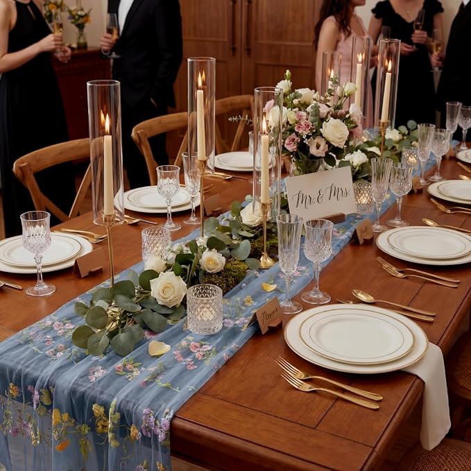 Blue Floral Table Runner 10ft Embroidery Tulle Spring Wildflower Table Runner Seasonal Summer Butterfly Kitchen Dining Gauze Decoration for Wedding Baby Shower Birthday Party (1 Pcs)
