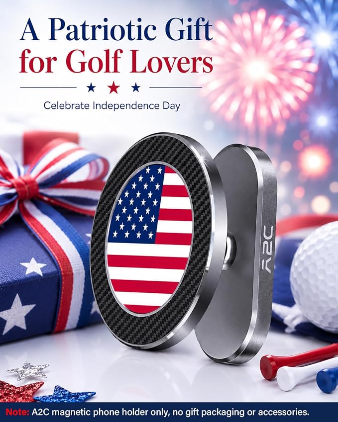 A2C American Flag Alloy Magnetic Golf Cart Phone Holder, 4th of July Golf Cart Decorations Fits EZGO, Club Car, 250 Anniversary USA Patriotic Golf Accessories for Men Golfers Women Essentials Gift