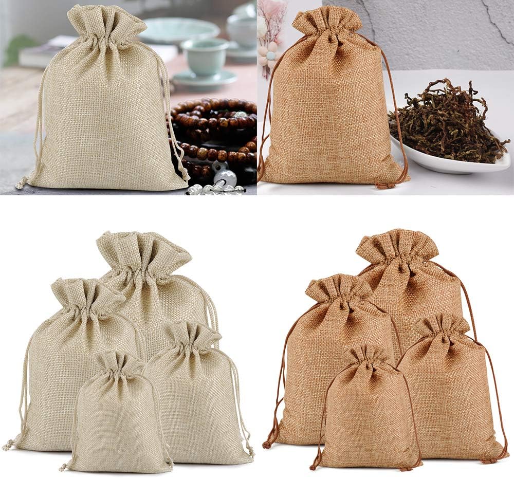Lucky Monet 25/50/100PCS Burlap Gift Bags Wedding Hessian Jute Bags Linen Jewelry Pouches with Drawstring for Birthday, Party, Wedding Favors, Present, Art and DIY Craft (50Pcs, Coffee, 7” x 9”)