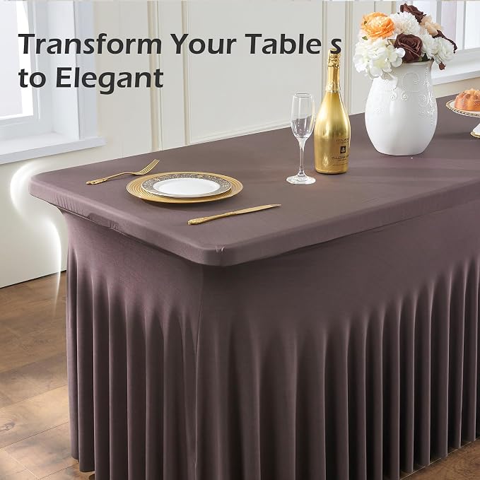 NSSONBEN 2 pk Brown Spandex Tablecloth for 8 Foot Rectangle Tables,Wrinkle Free Fitted Spandex Table Covers 8ft Coffe Stretch Table Cloths with Ruffle Skirt for Parties Weddings Banquet Baby Shower