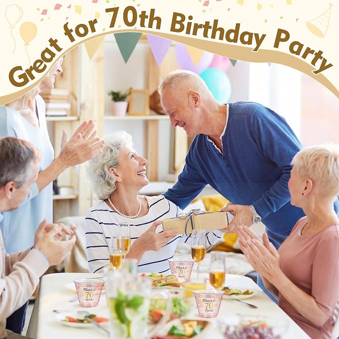 LemonRoad 100 Pack 70th Birthday Cup 9 oz Cheers to 70 Years Birthday Disposable Clear Plastic Cocktail Cups Hot Cold Beverage Drinks for Men Women Wedding Anniversary Decorations Party Favors