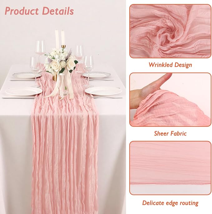 8 Pack Peach Pink Cheesecloth Table Runner 120 Inch 10FT Gauze Cheese Cloth for Baby Shower, Valentine's Day, Wedding Decoration, Birthday Party