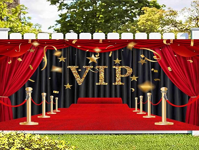 7X16ft VIP Red Carpet Garage Door Decoration Background Glittering with Brilliant Stars Black Gold Stage Backdrop Award Ceremony Movie Studio Props Graduation Wedding Birthday Party Banner Cover