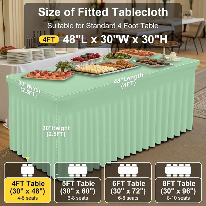 Smiry Spandex Tablecloth, Elastic Fitted Stretch Tablecloth for 4FT Rectangle Tables, Waterproof Washable Table Cover Skirt for Outdoor, Wedding, Banquet & Parties (Light Green, 48Lx30Wx30H Inch)