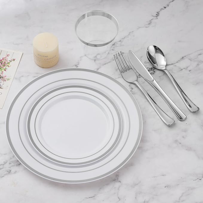 BESTVIP 300PCS Plastic Dinnerware Set (50 Guests), Silver Disposable Plates for Party, Wedding, Christmas, Anniversary, Includes: Dinner Plates, Dessert Plates, Cups, Spoons, Forks and Knives