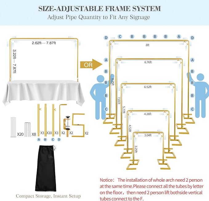 8.2FT Square Wedding Arch Backdrop Stand,Balloon Arch Stand, Metal Gold Backdrop Adjustable Stand Heavy Duty, Extra 2 Clamps Change Over The Table Rod Stand for Party Decoration,Garden Trellis Frame