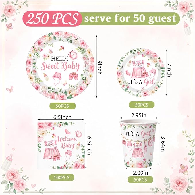 Pickmesh 250 Pcs Pink Floral Baby Girl Disposable Tableware Set Hello Sweet Baby Paper Plates Napkins Cups Cutlery for Gender Reveal Birthday Party Supplies Babies Shower, Serve 50 Guest
