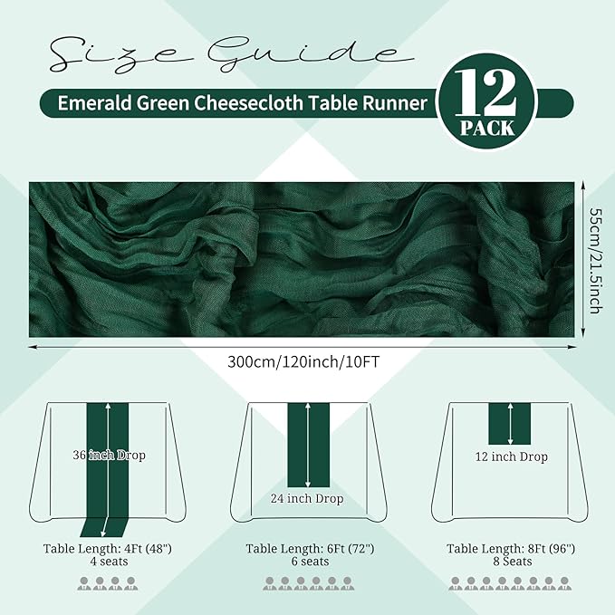 12 Pack Emerald Green Cheesecloth Table Runner 120 inch Fall Thanksgiving Boho Rustic Gauze Farmhouse 10FT Cheese Cloth Runner for Baby Shower Wedding Party Holiday Home Decor