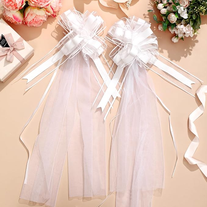 12 Set Large Wedding Pew Bows with Long Tulle Tails Church Chair Aisle Decorations Wedding Car Decoration Big Bows for Bridal Shower Reception Birthday Anniversary (White)