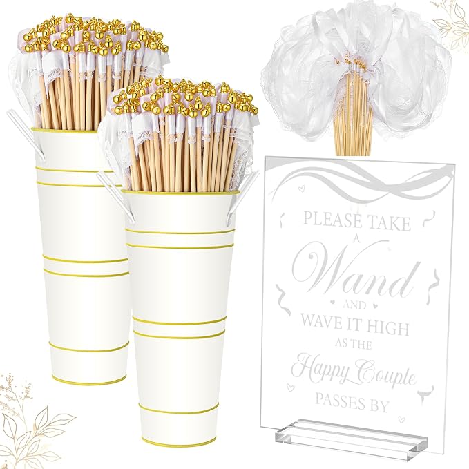 Reallnaive 103 Pcs Wedding Ribbon Stick Wand with Metal Buckets and Acrylic Sign, Party Magic Fairy Wand with White Lace Ribbon and Gold Bells for Wedding Party Favor Decor