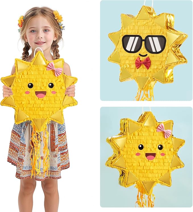 WERNNSAI Sun Piñata - Sunshine Party Decorations Pull String Sun Piñata with Blindfold and Bat for Girls Kids Sunshine Birthday Baby Shower Summer Party Game Supplies