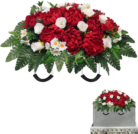Headstone Flowers – Artificial Cemetery Flowers for Grave, Artificial Red Roses and Chrysanthemums Mixed - Easy to Install Cemetery Flowers for Grave Saddle