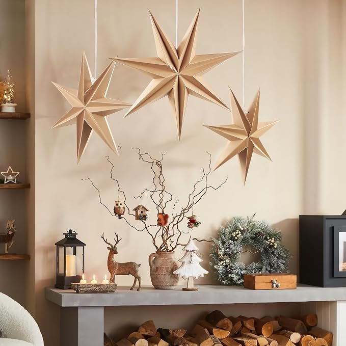 Christmas 3PCS 12inch 7-Pointed Wood Brown Paper Star Hanging Decoration Set Holiday Decor Stars Shape Landerne for Birthday Party Tree Xmas Home Decor