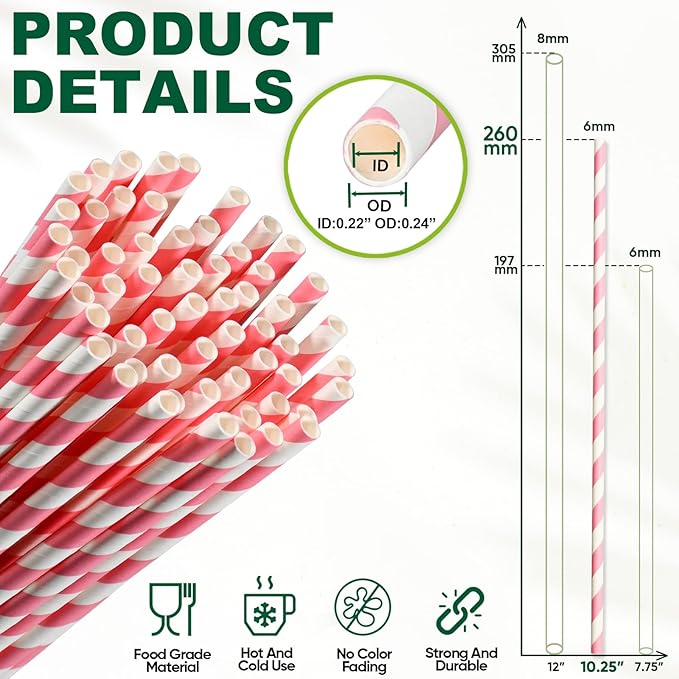 Biodegradable Pink Paper Straws for Drinking - 10 Inches Long, 0.24" Diameter, Pack of 100