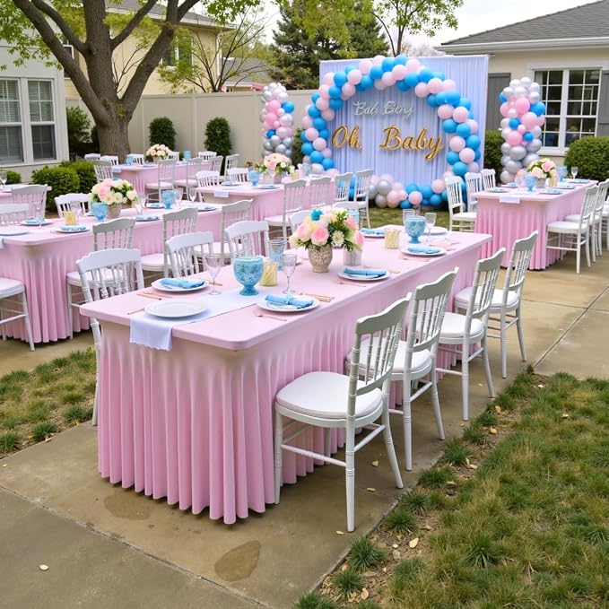 2Pack Baby Pink Spandex Table Clothes for 6 Foot Rectangle Tables, Wrinkle Free Fitted Tablecloths 6ft Stretchy Light Pink Tablecovers Desk Skirt for Parties Weddings Birthday Banquet Baby Shower