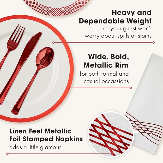 By Madee HEAVYWEIGHT 175 Pc White and Red Disposable Dinnerware Set – Fancy Plastic Plates for Party, Wedding & Bridal Shower (Serves 25)