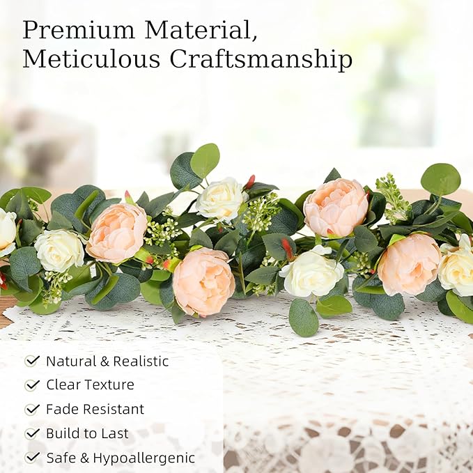 Lewondr Artificial Eucalyptus Garland with Flower - 4 Rose 4 Peony, 6FT Faux Floral Greenery Garlands Fake Flowers Vines, Maintenance-Free for Wedding Table Backdrop Party Room Decor, Mixed Champagne