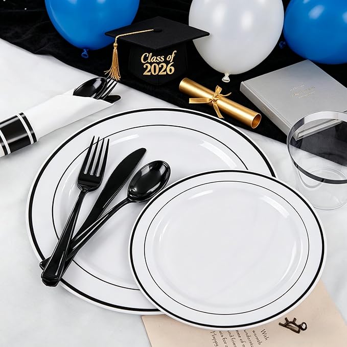 WELLIFE 350Pcs Black Plastic Dinnerware with Pre Rolled Napkins, Include:50 Dinner Plates, 50 Dessert Plates, 50 Paper Napkins, 50 Cups, 150 Plastic Cutlery