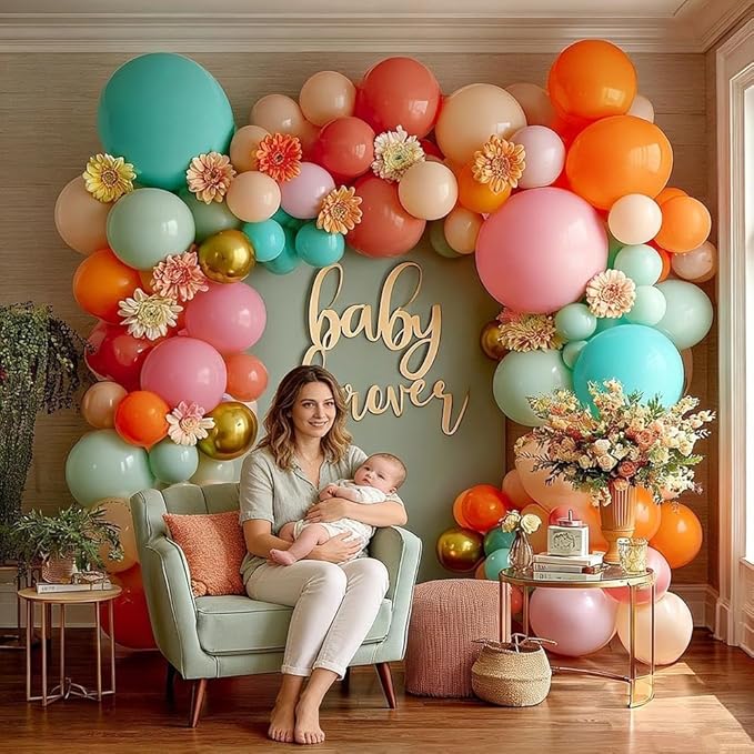 Pastel Balloon Arch Garland Kit Double Stuffed Pink Orange Teal Blue Green Balloons Light Baby Pink Peach Gold Colorflul Balloon for Tropical Flamingo Hawaiian Birthday Baby Shower Party Decorations