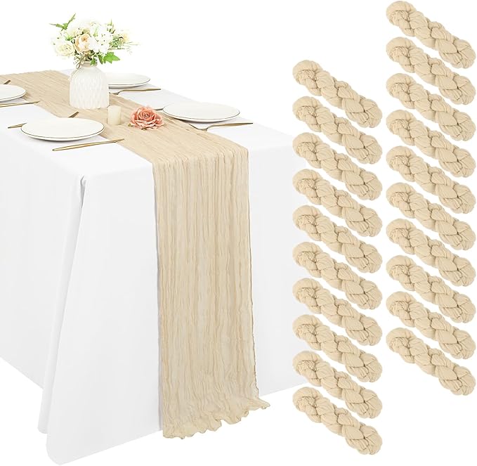 20 Pack Cheesecloth Table Runner 17 x 108 inch Long Boho Gauze Table Runners Semi Sheer Table Runner for Wedding Decor, Baby Shower, Birthday Party, Banquet (Beige)
