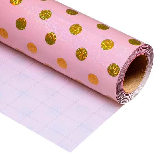 Burymento Pink Holographic Dots Wrapping Paper, Reversible Gold Gift Wrap for Birthday, Valentines, Mothers day, Graduation, Wedding, Fathers day, Baby Shower, Christmas (17in x 16.4ft)