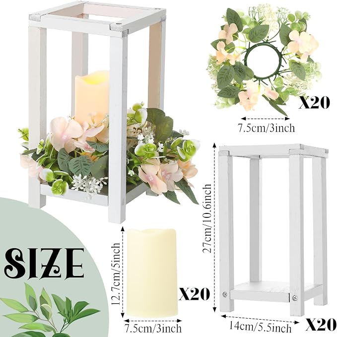 Hushee 60 Pcs Wooden Wedding Lantern Centerpiece Integrated Holders with Candles and Wreaths Rustic Wooden Candle Lantern Decor for Wedding Party Table Valentine Decor (White)