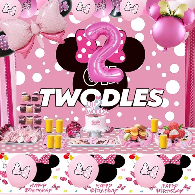 Pink 2nd Birthday Party Supplies, Oh Twodles Girl Second Party Decorations Includes Happy Birthday Banner, Hanging Swirls, Tablecloth, Cake Cupcake Toppers, Bow Foil Balloon, Latex Balloons
