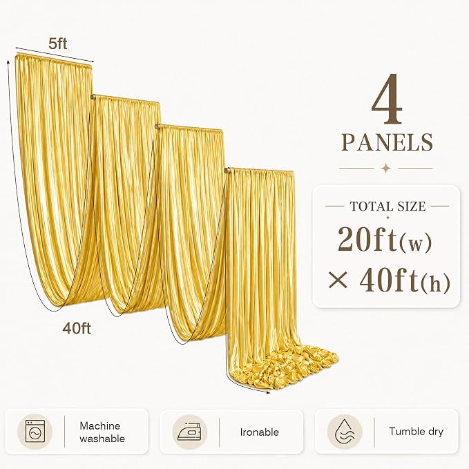 4 Panels 5x40ft Gold Ceiling Drapes for Wedding Parties, Wrinkle Free Thick Polyester 40ft Extra Long Wedding Draping Arch Drapery for Birthday Party Canopy Tent Decor
