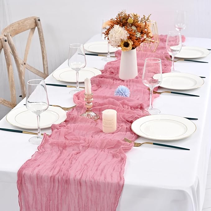 24 Pack Dusty Rose Cheesecloth Table Runner,10FT Boho Gauze Table Runner,35x120inch Rustic Table Runners for Wedding Party Bridal Shower Thanksgiving Christmas Boho Table Decoration